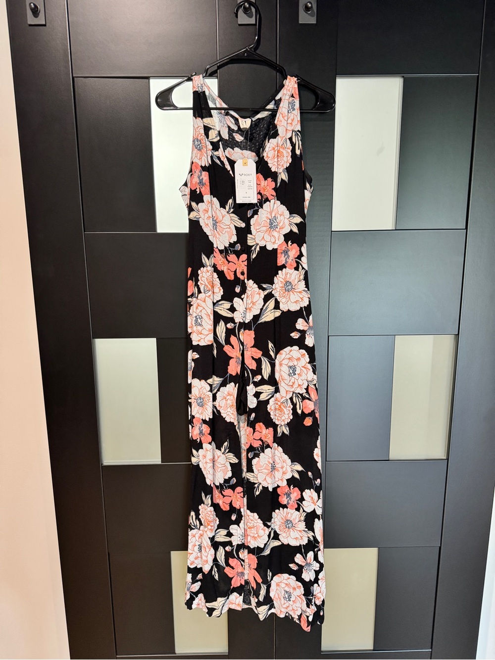 Roxy Black Floral High-Low Maxi Dress with Peach Blooms and black romper under. - Picture 3 of 8